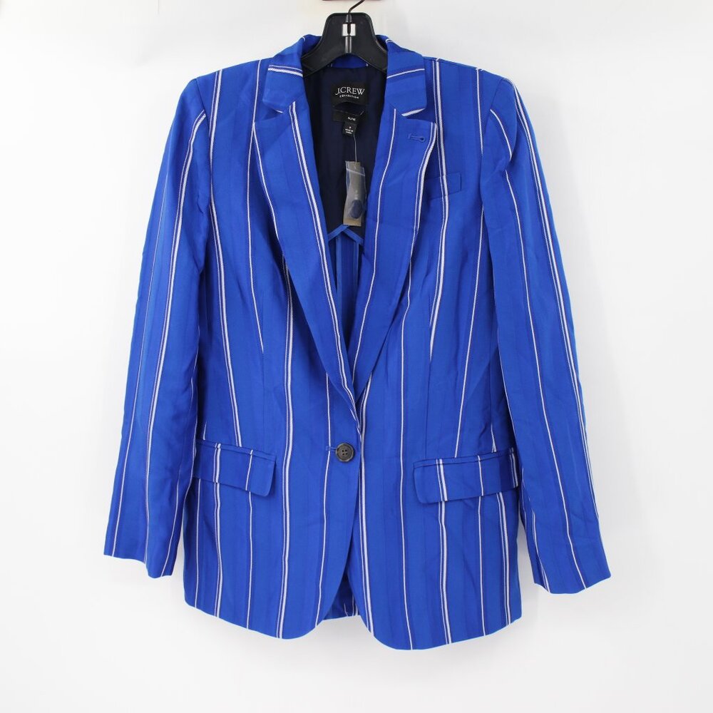 NWT J Crew Alfie blazer womens 0 one button regal blue striped jacquard viscose